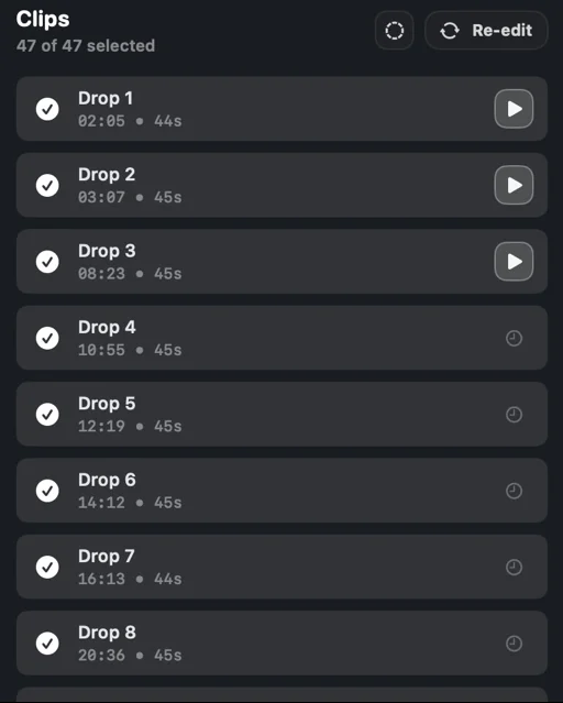 A list of drop clips, each ready to export