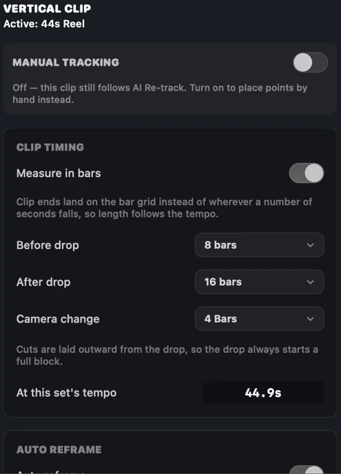 Clip timing controls for cuts before and after the drop