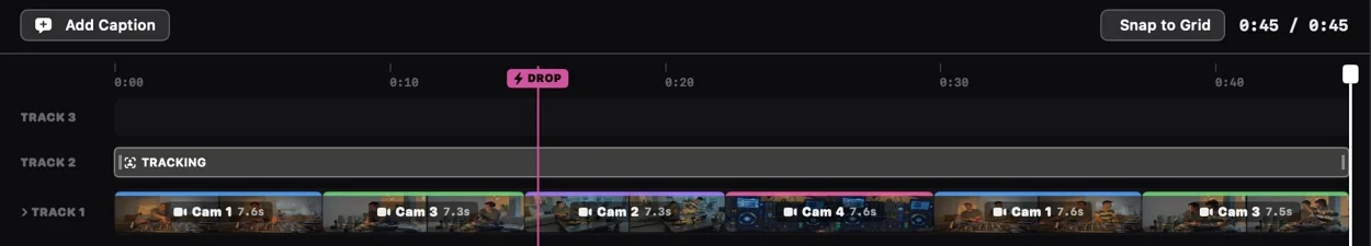 A 45-second reel timeline with camera changes and a drop marker