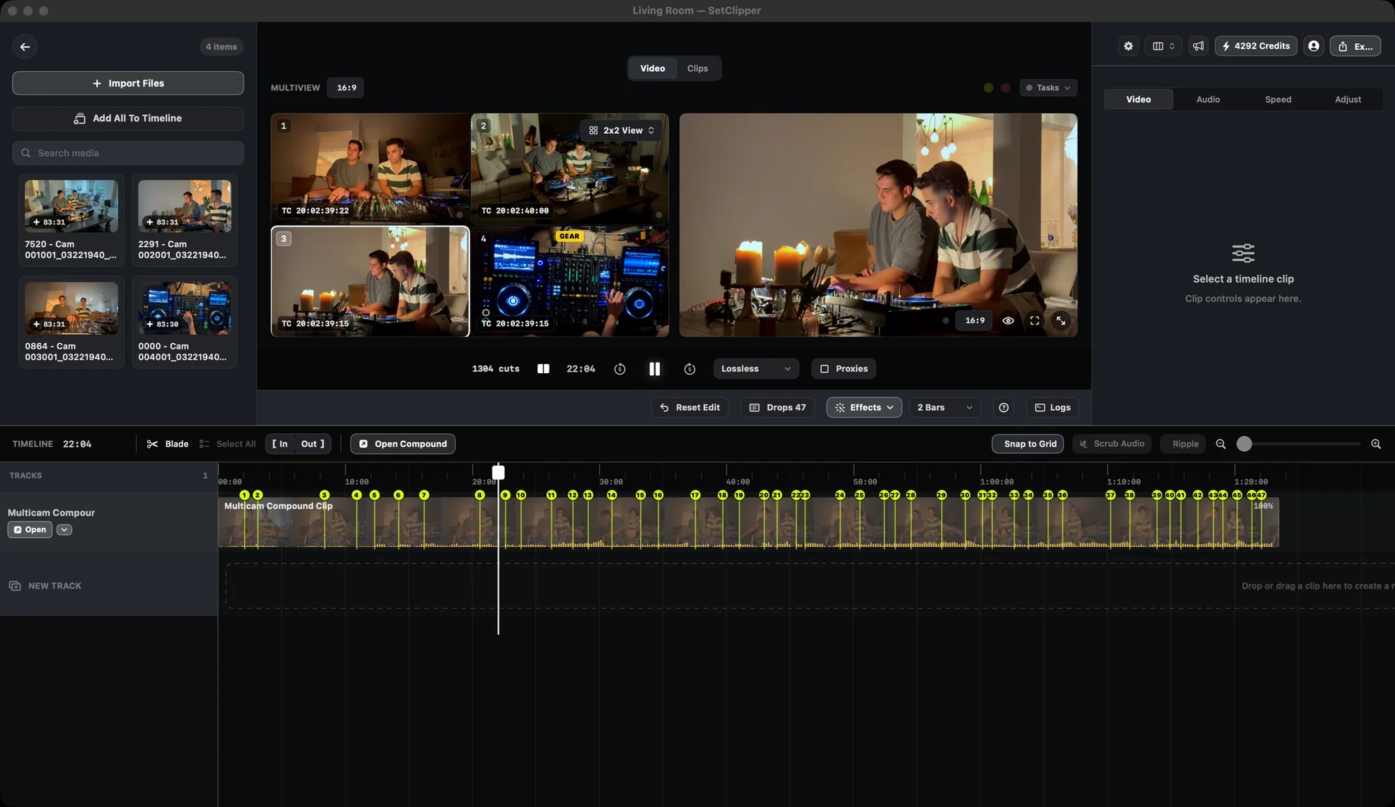 The Setclipper editor: four live cameras, preview, and the full-set timeline with drop markers