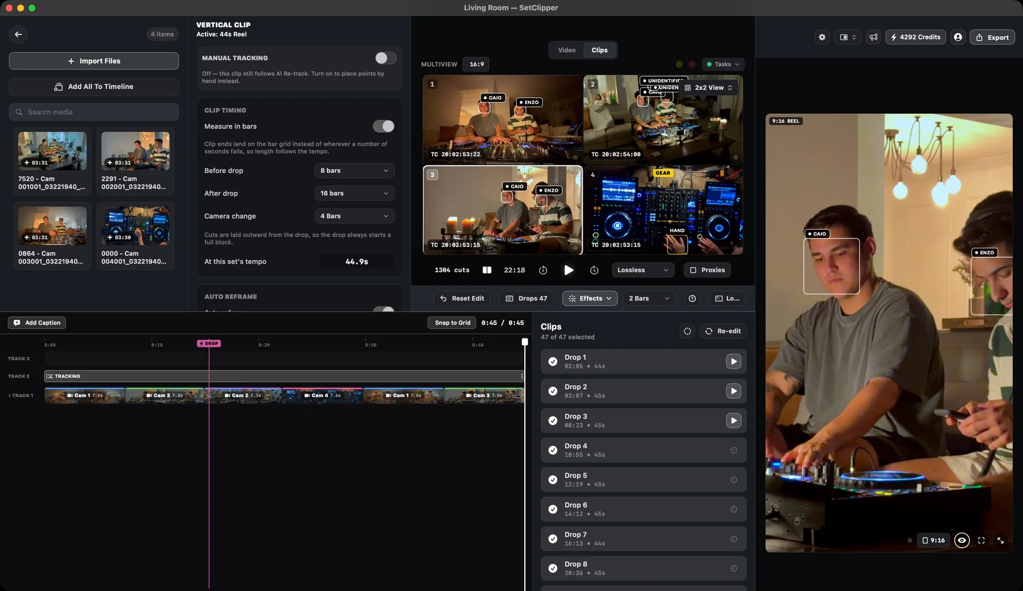 Vertical clip editor with a 9:16 preview and the list of drop clips