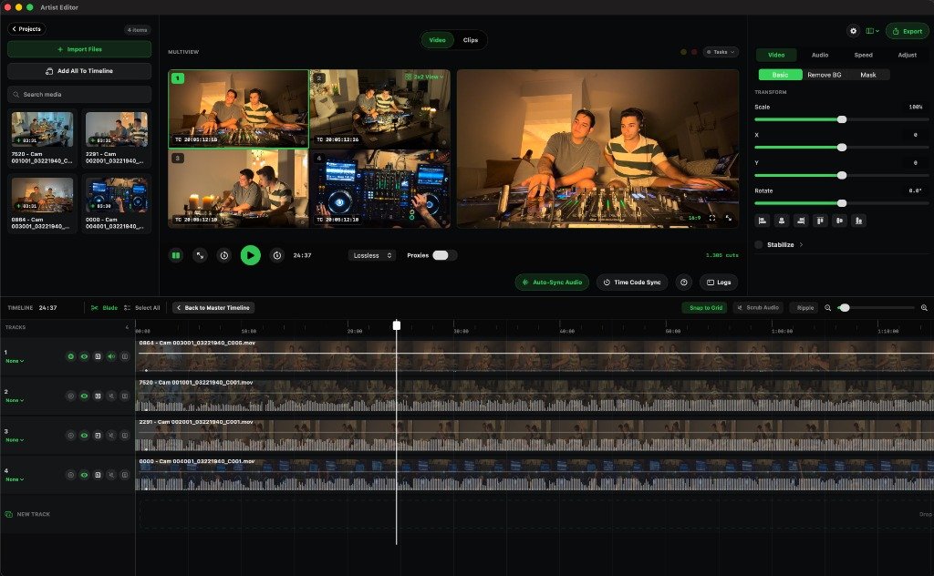 Artist Editor real Mac desktop multi-camera video editor interface