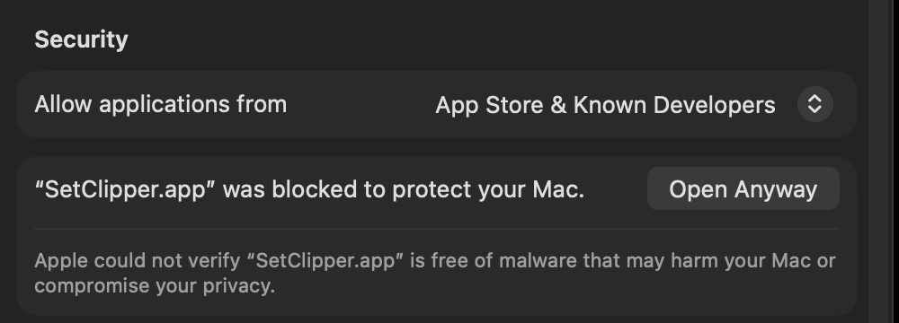 The Security section of Privacy and Security with the Open Anyway button next to the SetClipper.app message